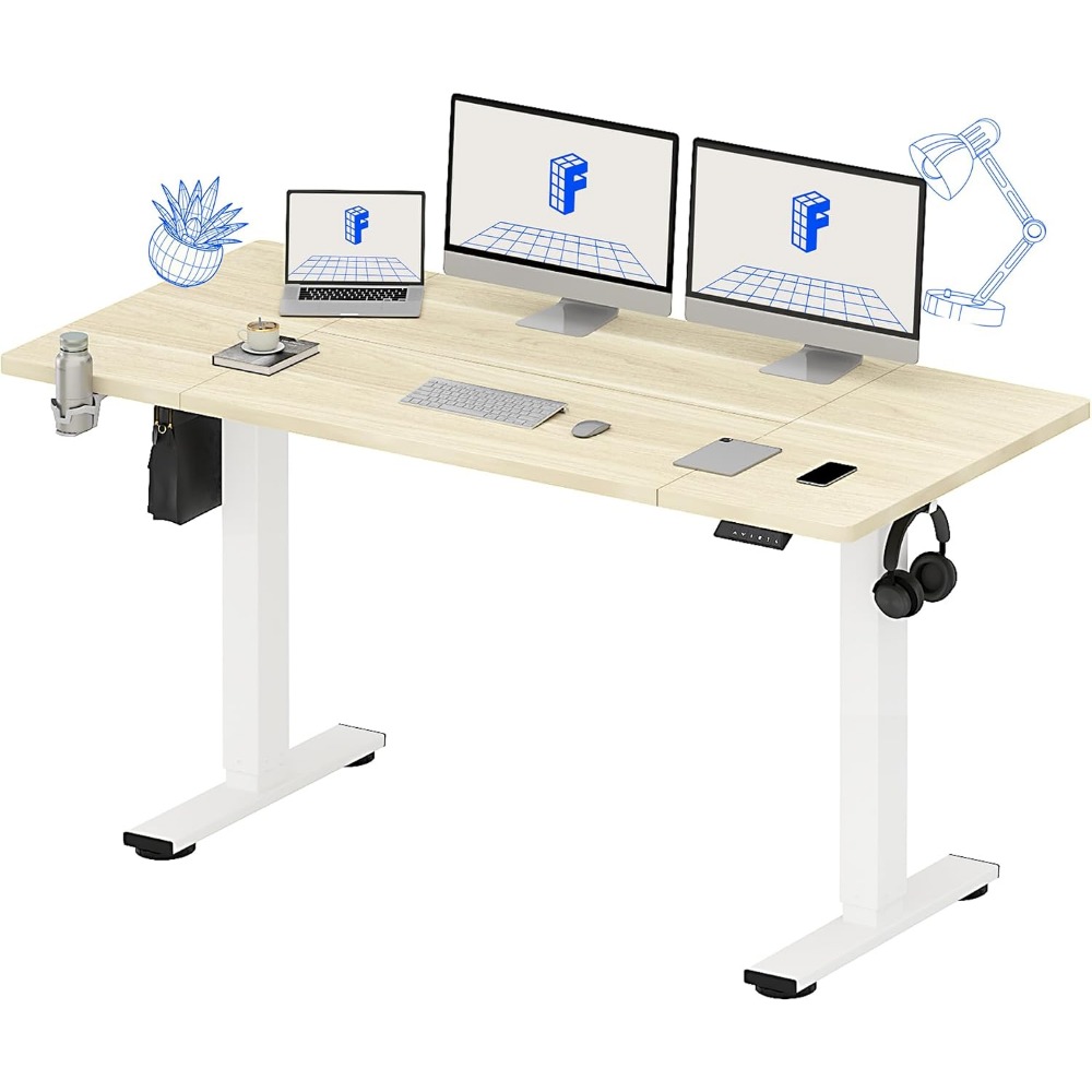 Desk Setup Workspace - FLEXISPOT โต๊ะยืนไฟฟ้าขนาด 63x32 นิ้ว ลายไม้สีขาว |