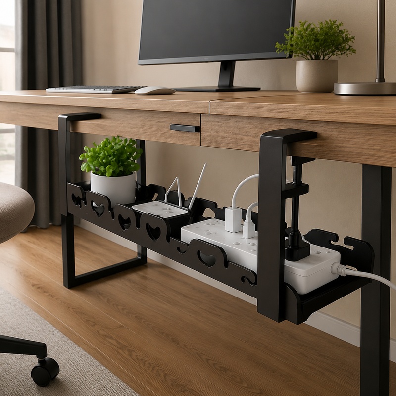 Desk Setup Living Room - ถาดโลหะใต้โต๊ะสำหรับจัดการสายเคเบิลและจัดเก็บของ, ที่จัดระเบียบสายไฟสำหรับบ้านและสำนักงาน, ไม่ต้องเจาะ