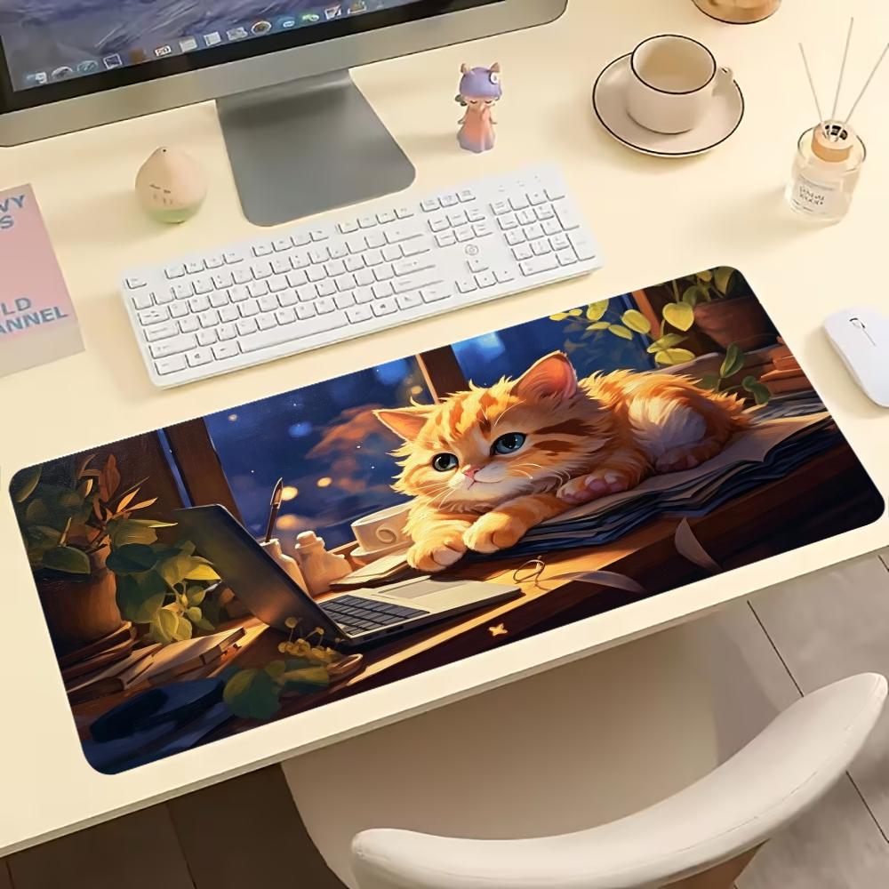 Desk Setup Cozy - แผ่นรองเมาส์เกมมิ่งลายลูกแมวสีส้มน่ารัก พื้นผิวกันลื่นสำหรับโต๊ะทำงาน ลายแมวนุ่มฟูเรืองแสงอบอุ่น เหมาะสำหรับการตั้งค่าเกม