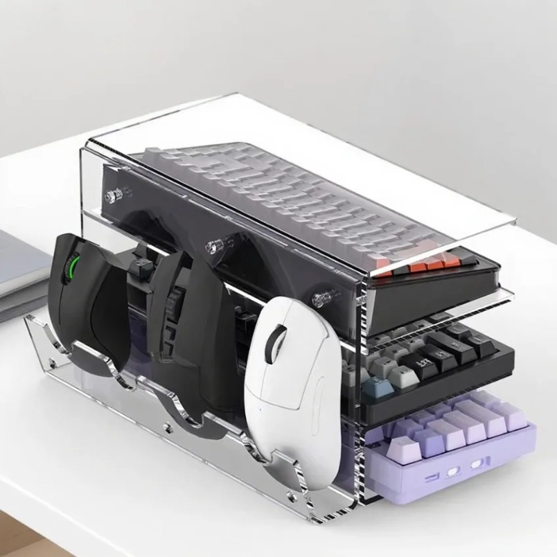 Desk Setup Pegboard - ชั้นวางคีย์บอร์ด 3 ชั้น อะคริลิก พร้อมที่วางเมาส์ ชั้นวางโชว์แบบใสสำหรับโต๊ะทำงาน