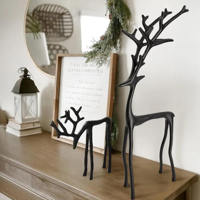 Desk Setup Minimalist - รูปปั้นกวางเรนเดียร์สีดำทำจากโลหะผสม 1 ชิ้น สำหรับตกแต่งสวนและโต๊ะอาหารในสไตล์มินิมอล