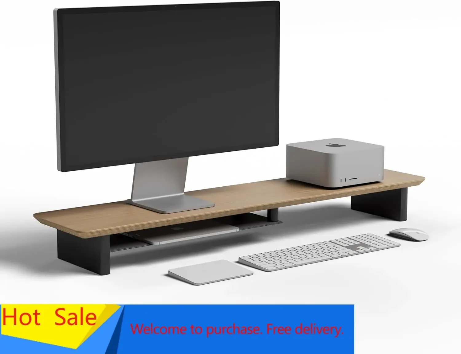 Desk Setup Workspace - ชุดโต๊ะทำงานสองชั้นตามหลักสรีรศาสตร์ไม้โอ๊คสีขาว – แท่นวางจอภาพไม้สไตล์โมเดิร์นและแท่นยกพื้นสำหรับพื้นที่ทำงาน, เหมาะสำหรับโฮมออฟฟิศและสไตล์มินิมอล (สีขาว)